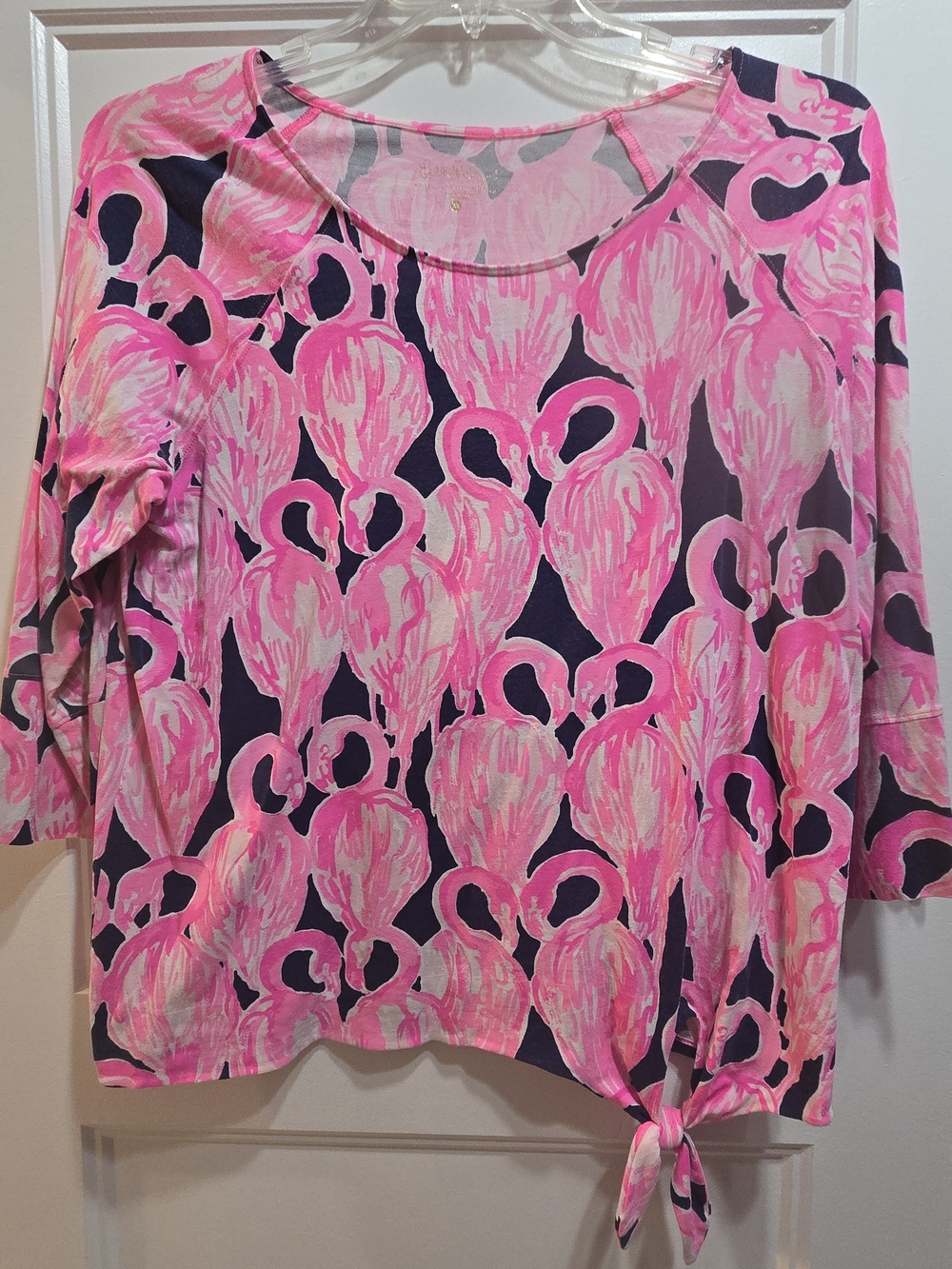 Lilly Pulitzer Pink Navy Flamingo-Print Tie-Hem Long Sleeve Top XL